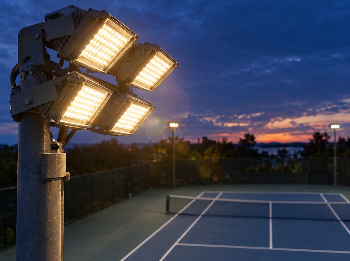 Reflector de una cancha encendiéndose al anochecer